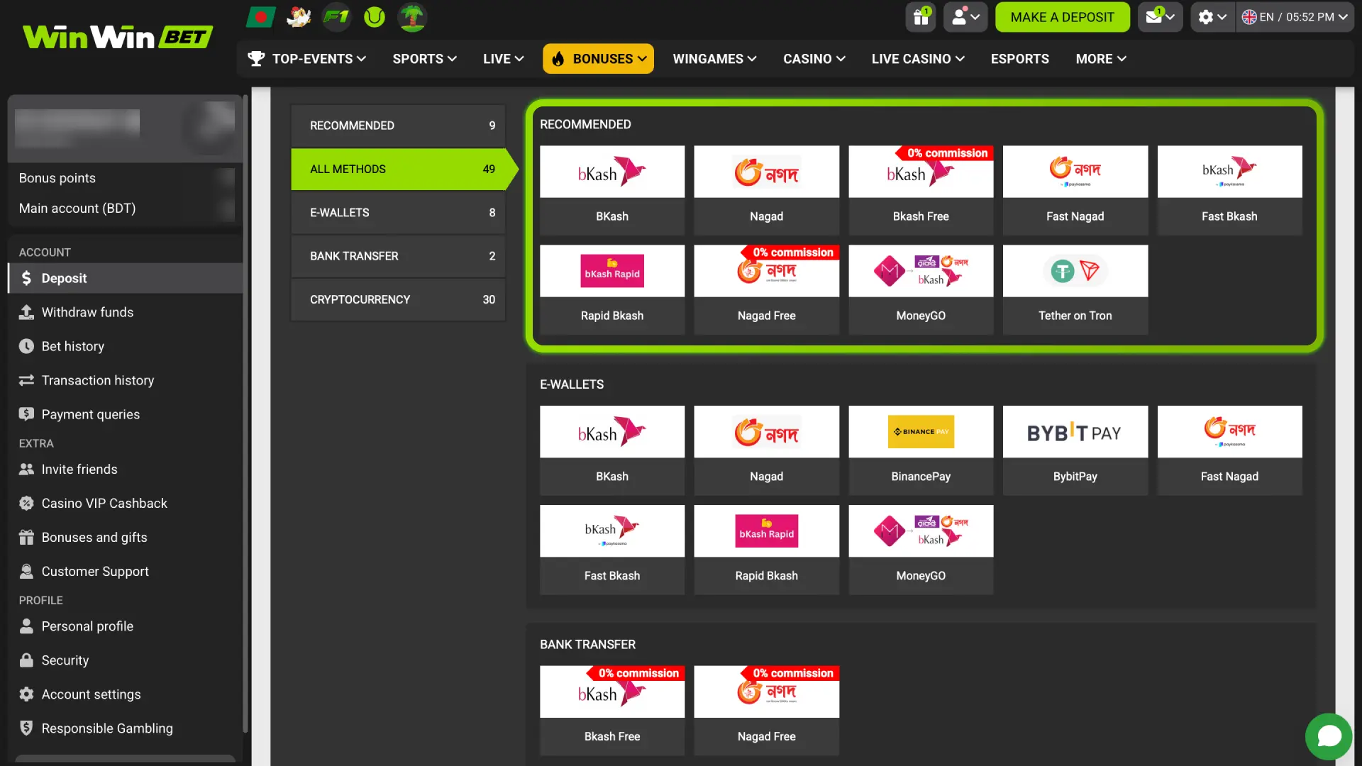 Select bKash, Nagad, Rocket, or crypto on WinWin for deposits in Bangladesh.