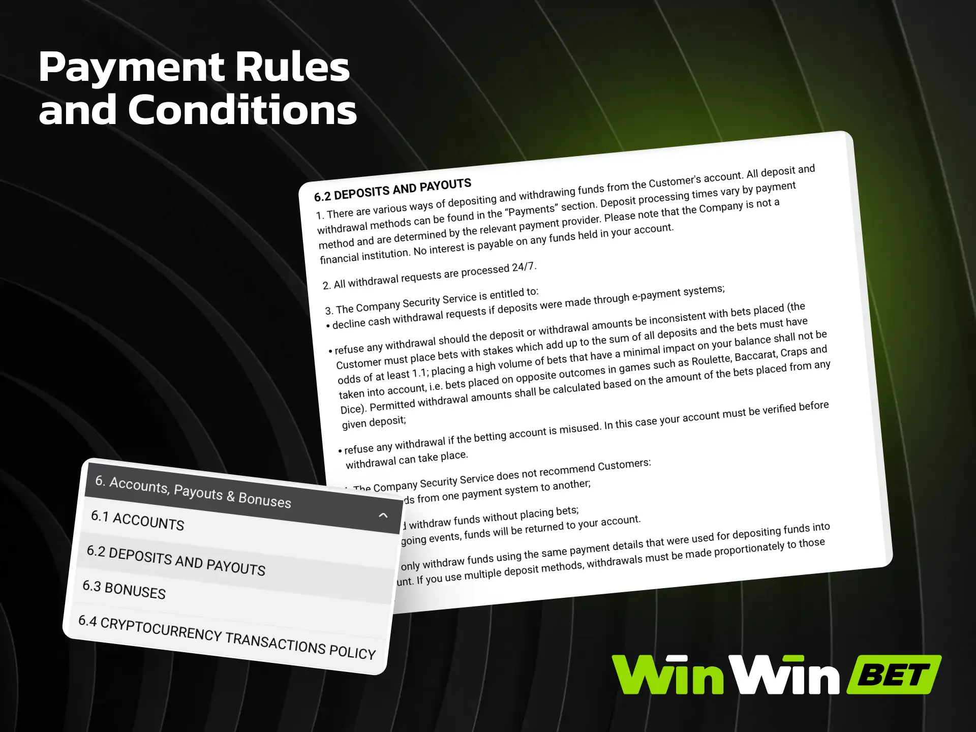 Payment rules and conditions for WinWin including minimum amounts and processing times.