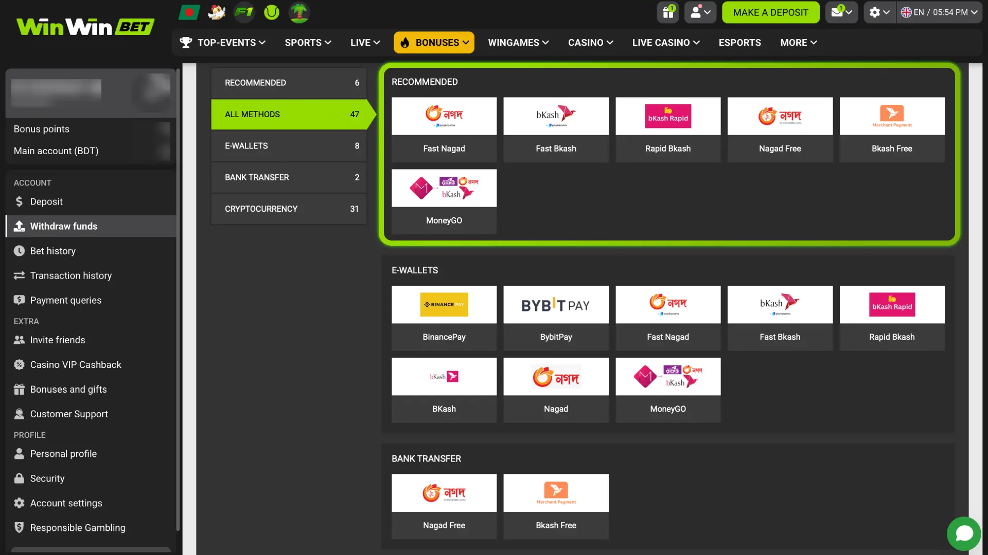 Select bKash, Nagad, Rocket, or crypto on WinWin for withdrawals in Bangladesh.