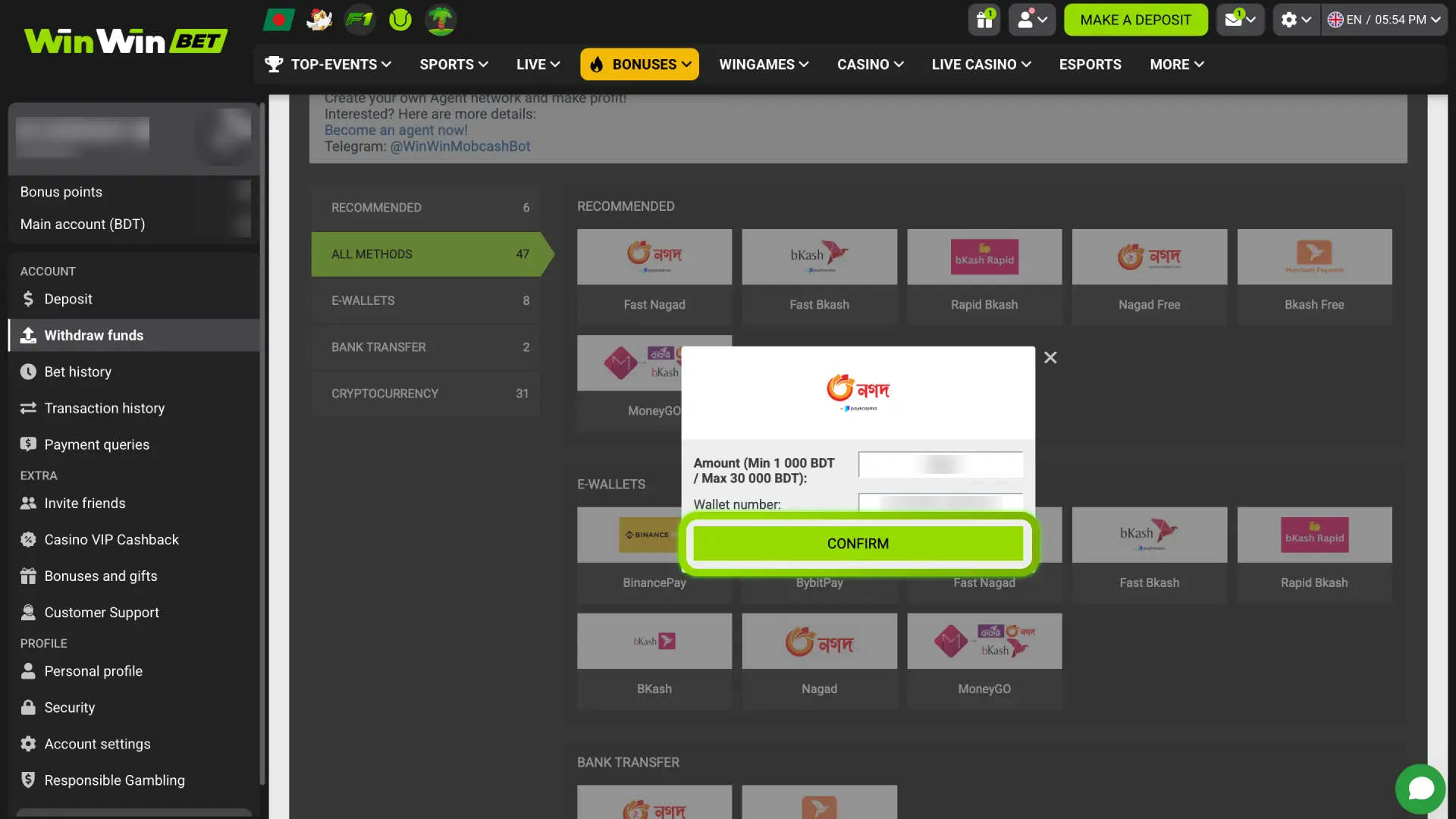 Check all information on WinWin and submit your withdrawal request with security verification.