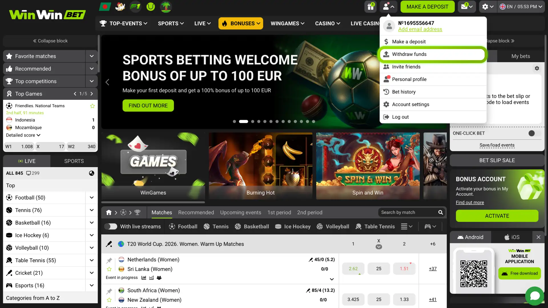 Log in to your WinWin account and open Cashier to start your withdrawal request.