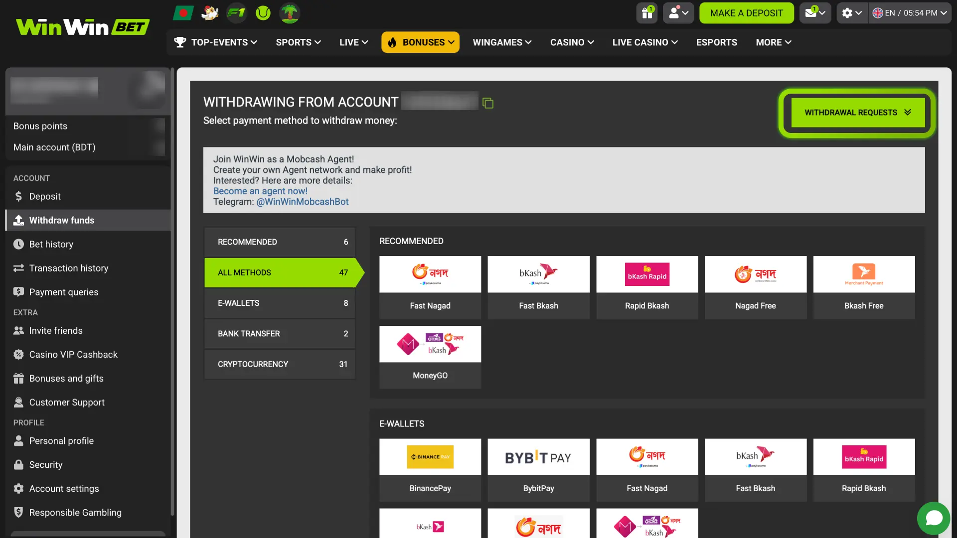Check transaction history on WinWin to track your withdrawal status until money arrives.