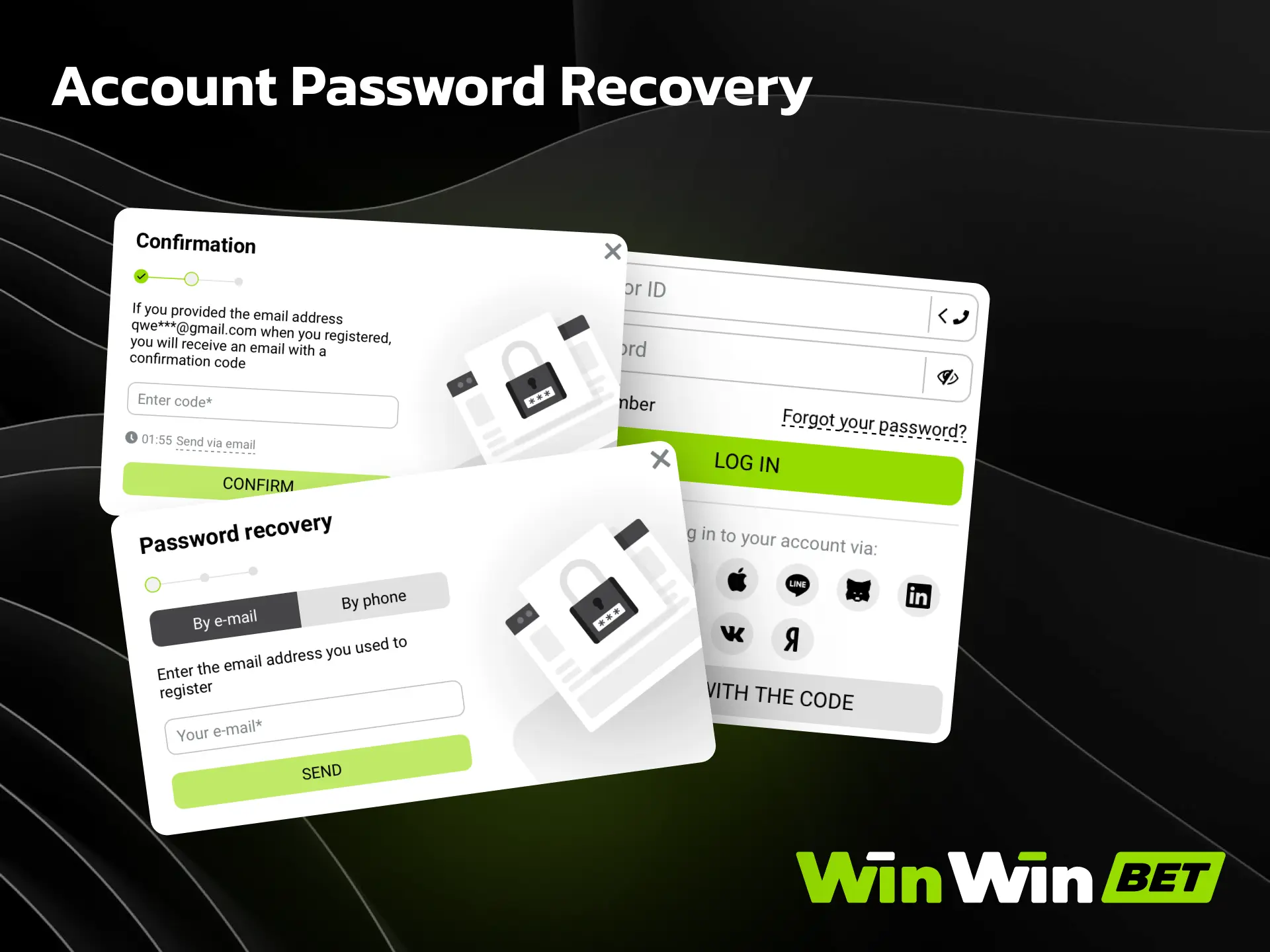 Account password recovery on WinWin via email or SMS with reset link.